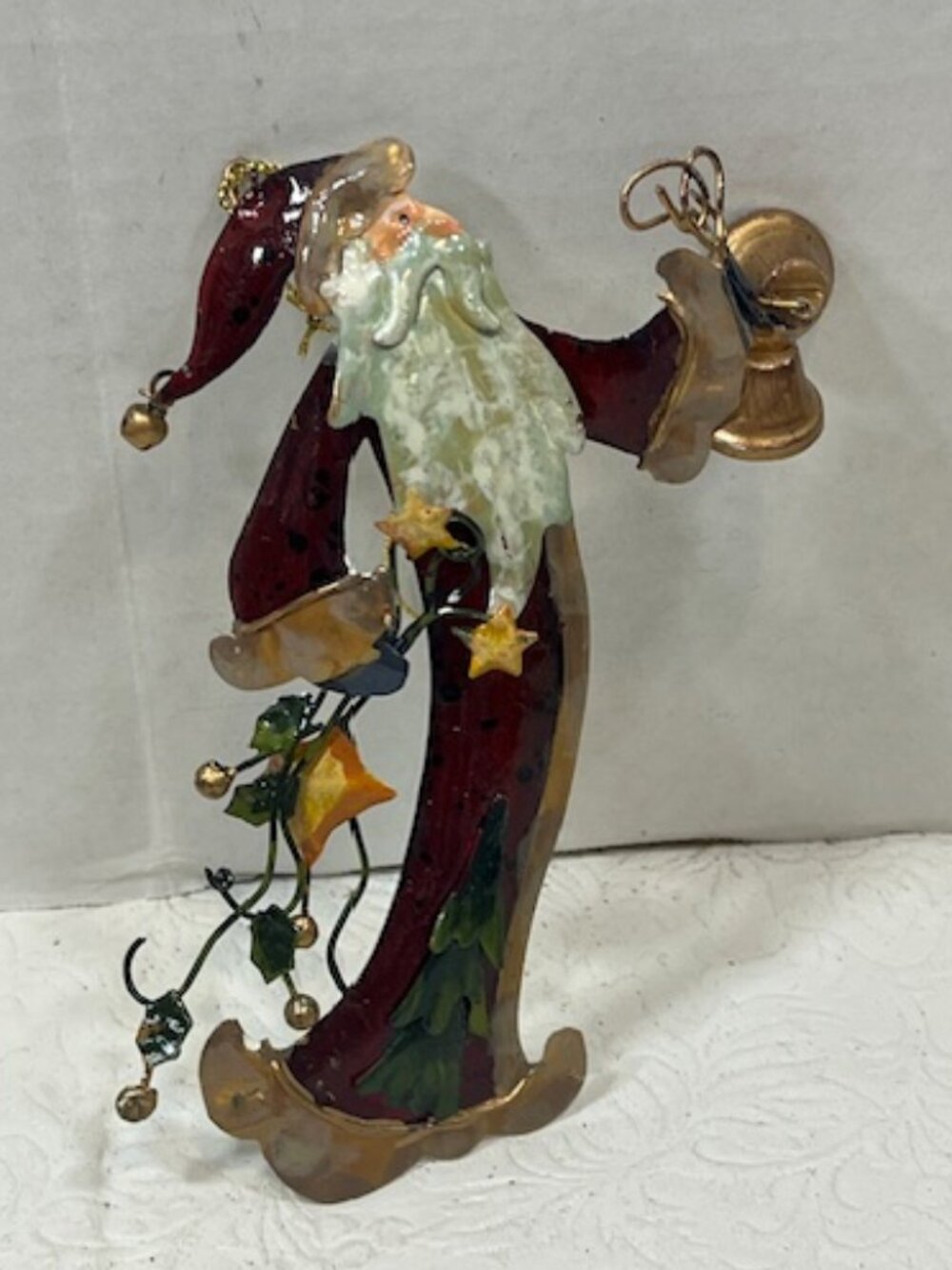 Santa Claus Metal Wired Curved Christmas Hanging Ornament Bells Whimsical 4"x6"